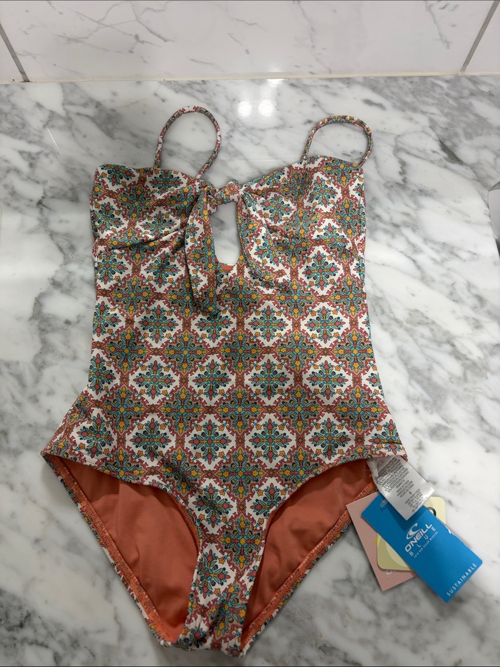 O'Neill Girls' Rust Multi Tile-Print One-Piece Swimsuit